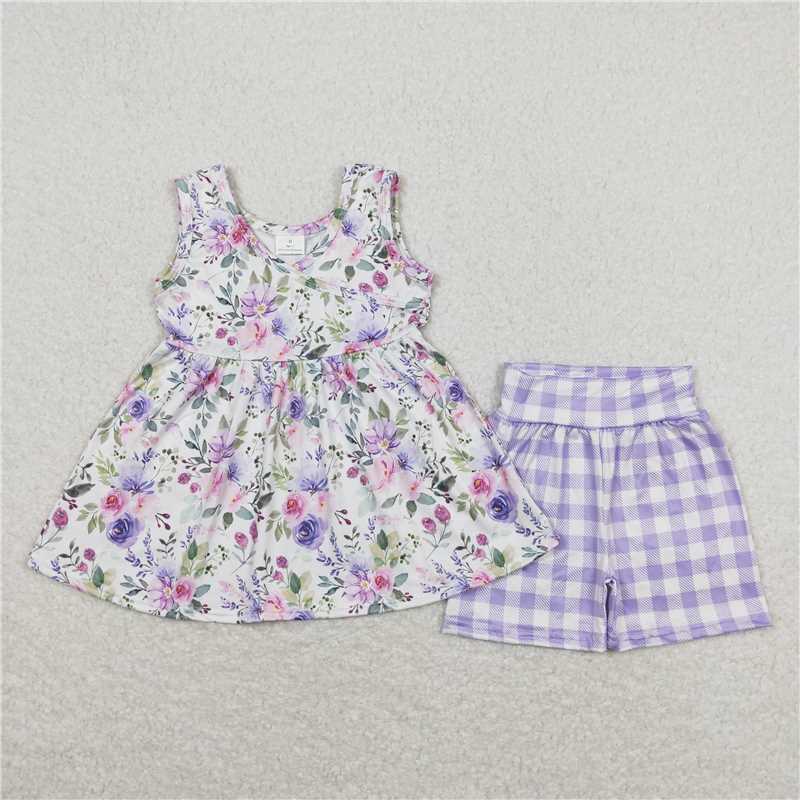 GSSO0742 Floral white sleeveless purple plaid shorts suit