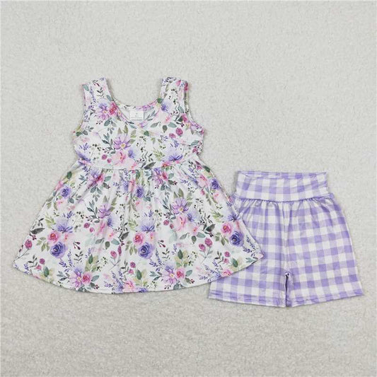 GSSO0742 Floral white sleeveless purple plaid shorts suit