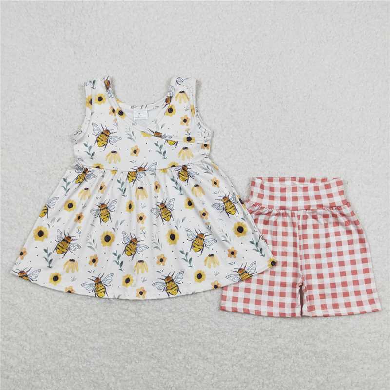 GSSO0743 Flower Bee Beige Sleeveless Red and White Plaid Shorts Suit