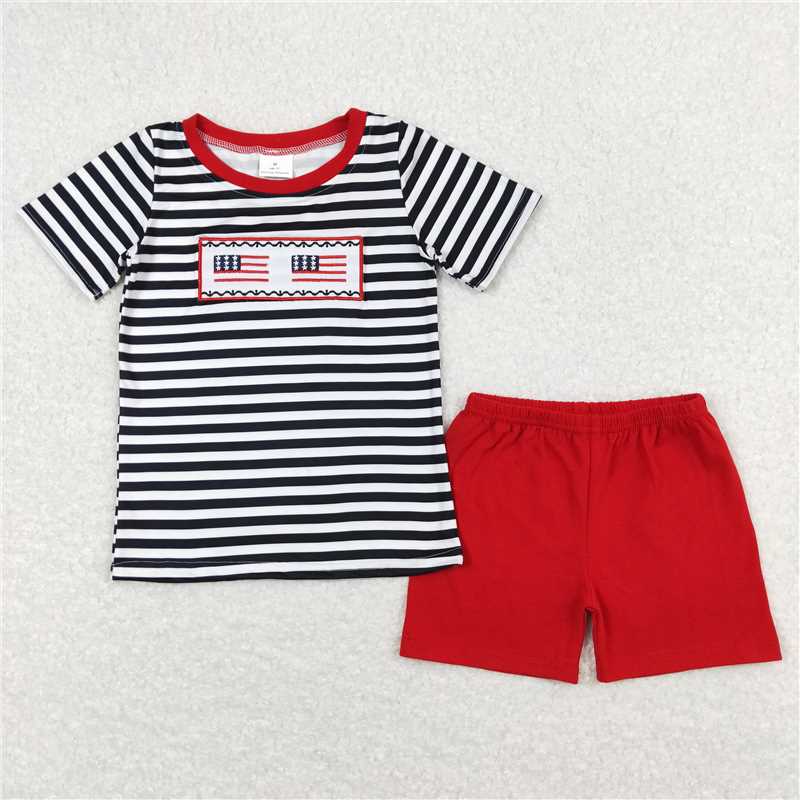 BSSO0565 Embroidered flag black and white striped short sleeve red shorts suit