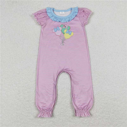 SR0611 Embroidery Bow Mickey Balloon Blue Lace Pink Striped Short Sleeve Jumpsuit