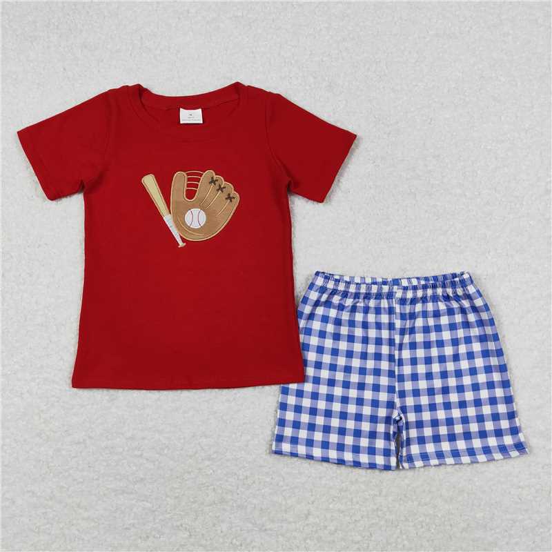 BSSO0353 Embroidered Baseball Glove Red Short Sleeve Blue and White Plaid Shorts Set