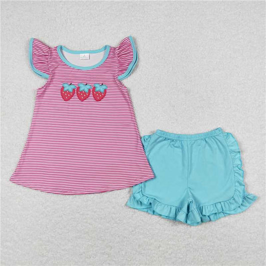 GSSO0556 Embroidered strawberry pink striped flying sleeve blue shorts suit