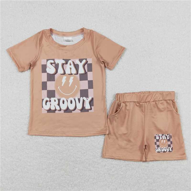 BSSO0613 stay groovy letter smiley plaid brown short-sleeved shorts suit