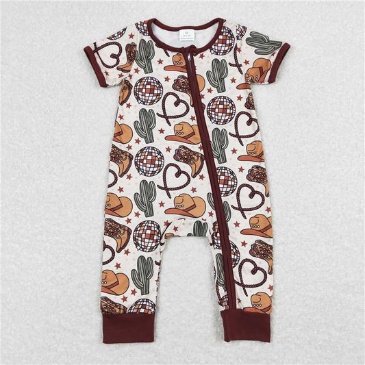 SR0973 Light Ball Cactus Hat Boots Star Brown Zip Short Sleeve Jumpsuit