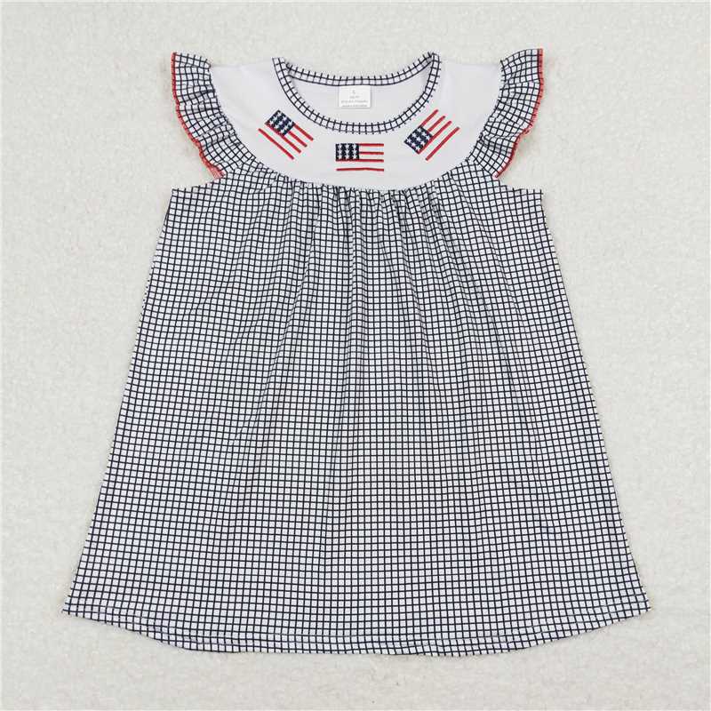 GSD0811 Embroidered flag black and white plaid flying sleeve dress