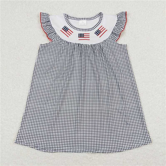 GSD0811 Embroidered flag black and white plaid flying sleeve dress