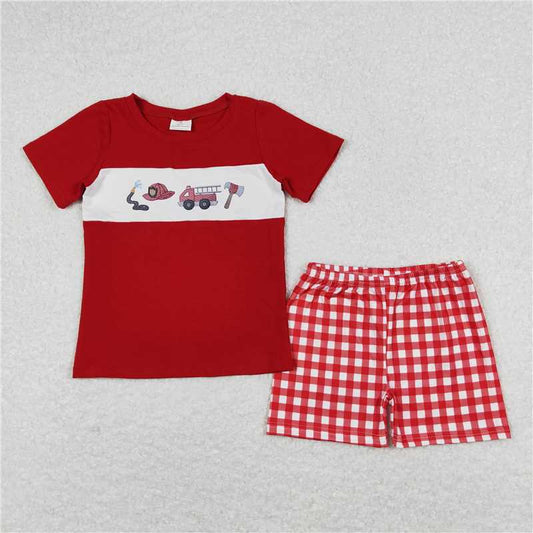 BSSO0666 Fire engine red short sleeve plaid shorts suit