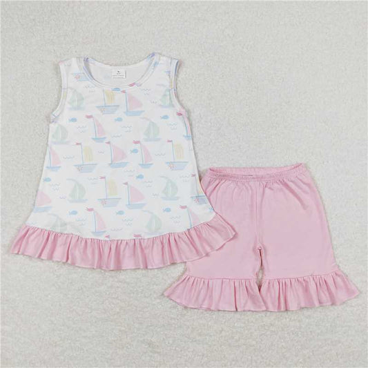 GSSO0766 Sailboat White Sleeveless Pink Lace Shorts Set