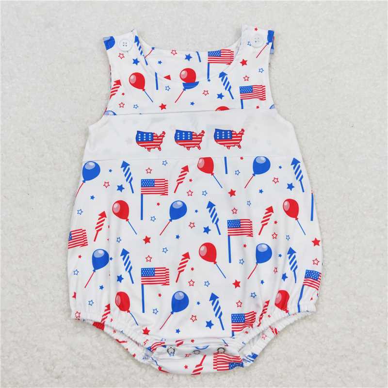 SR1105 American Flag Balloons Stars Fireworks White Tank Top Jumpsuit