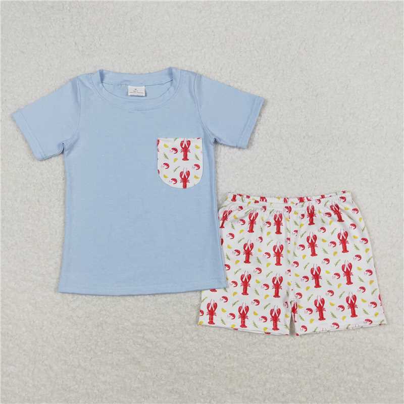 BSSO0648 Crayfish Corn Pocket Blue Short Sleeve White Shorts Suit