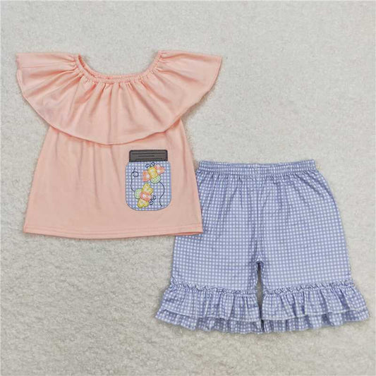 GSSO0682 Embroidery Little Bee Pink Orange Lace Top Blue Plaid Shorts Suit