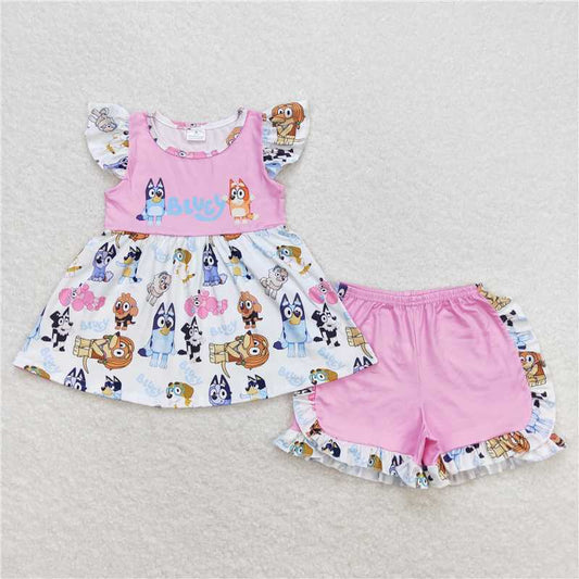 GSSO0388 bluey cartoon pink and white short-sleeved shorts suit