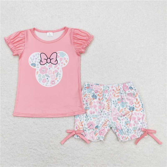 GSSO0699 Mickey Flower Pink Short Sleeve Shorts Set