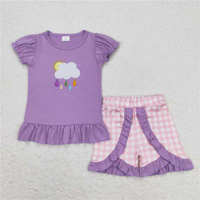 GSSO0657 Embroidery Purple lace short-sleeved pink and white plaid shorts suit on rainy and cloudy days