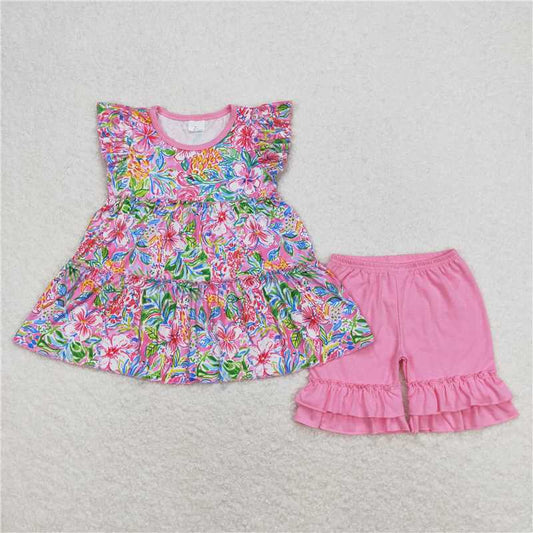 GSSO0619 Pattern flower flying sleeve rose pink shorts suit