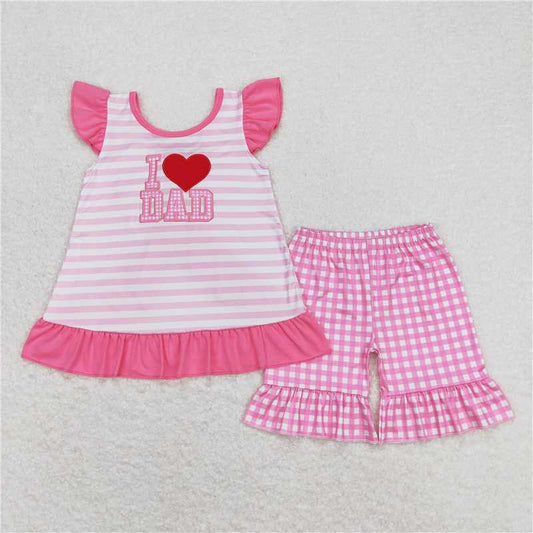 GSSO0563 I love dad embroidered love striped bow pink and white plaid short-sleeved shorts suit