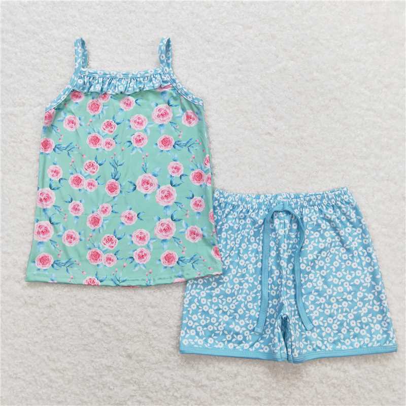 GSSO0863 Pink floral green sleeveless floral blue shorts suit