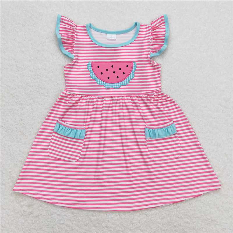 GSD0964 Embroidered watermelon rose red striped flying sleeve dress