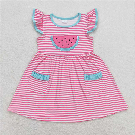 GSD0964 Embroidered watermelon rose red striped flying sleeve dress