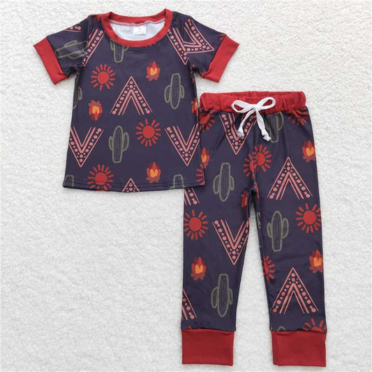 BSPO0326 Cactus Sun Grey Brown Short Sleeve Long Pants Pajama Set