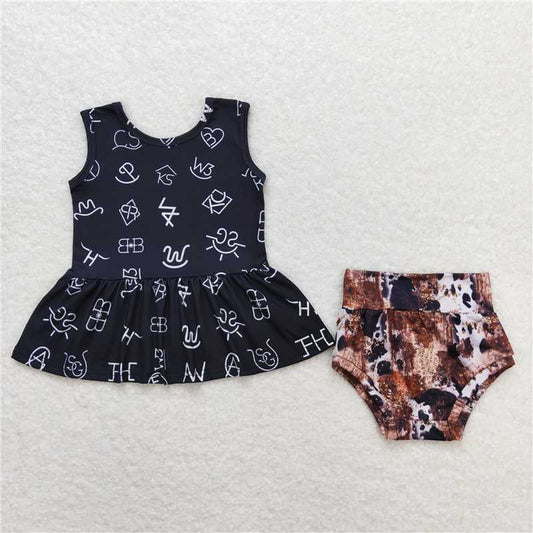 GBO0295 Letter black sleeveless cow pattern briefs set