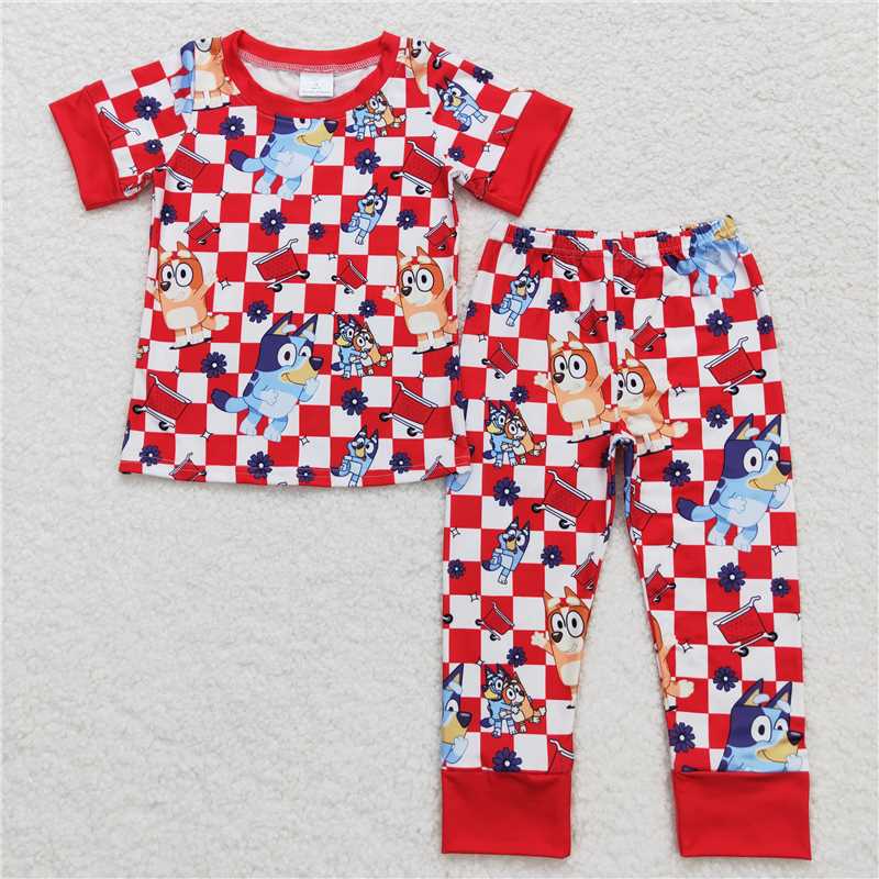 BSPO0355 bluey red and white plaid short-sleeved trousers pajamas set