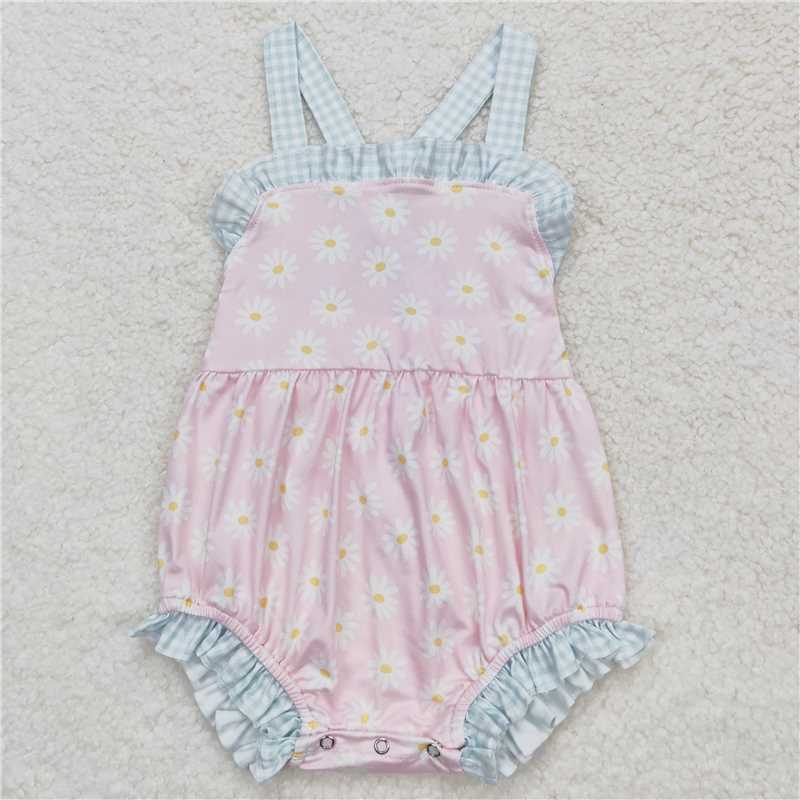 SR1182 Daisy flower plaid lace pink vest jumpsuit