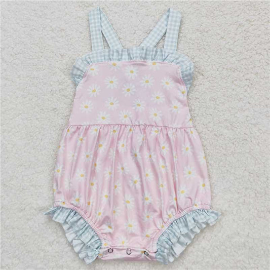 SR1182 Daisy flower plaid lace pink vest jumpsuit