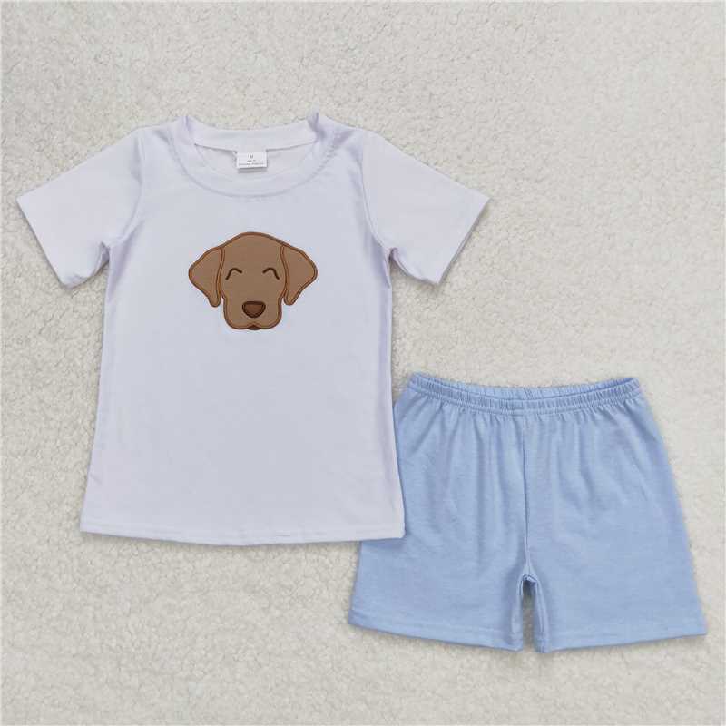 BSSO0695 Embroidered puppy white short sleeve blue shorts suit