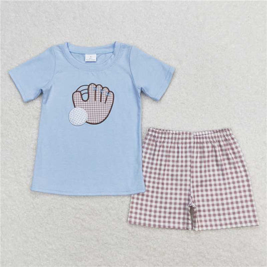 BSSO0723 Embroidered Baseball Glove Blue Short Sleeve Plaid Shorts Set