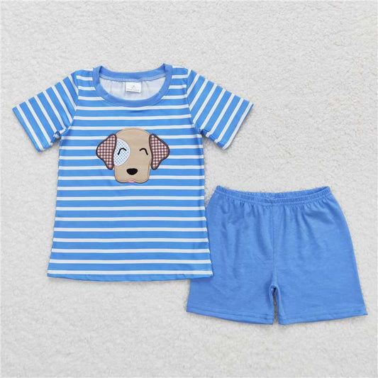 BSSO0746 Embroidered puppy blue striped short-sleeved shorts suit