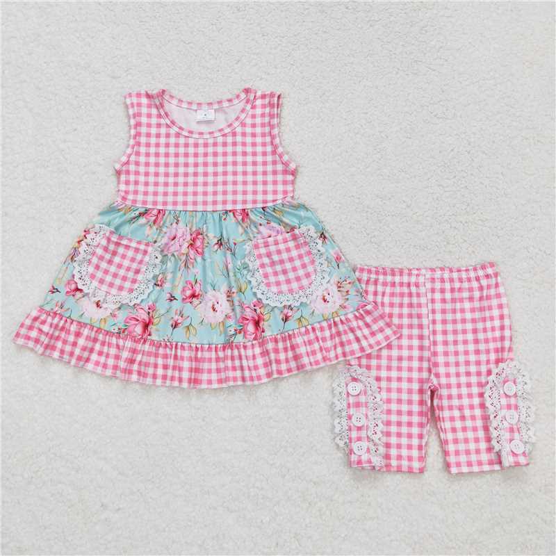 GSSO0851 Floral Pink Plaid Pocket Lace Sleeveless Shorts Set