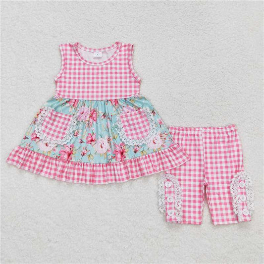 GSSO0851 Floral Pink Plaid Pocket Lace Sleeveless Shorts Set