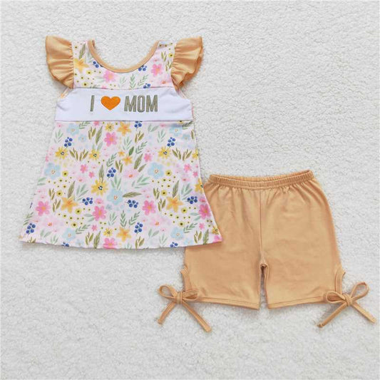 GSSO0696 I love mom embroidered flower floral bow flying sleeve shorts suit