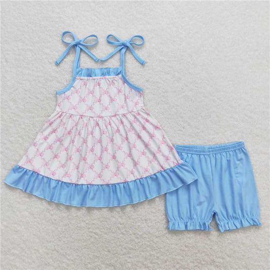 GSSO0668 Bow pattern blue lace white suspender shorts suit