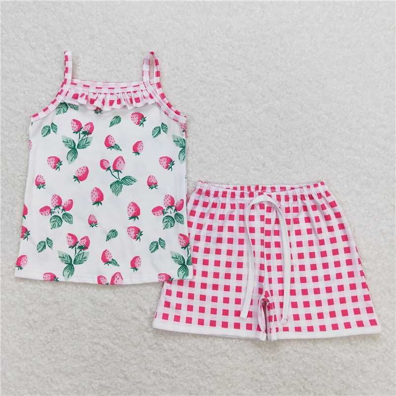 GSSO0866 Strawberry Sleeveless Plaid Shorts Set