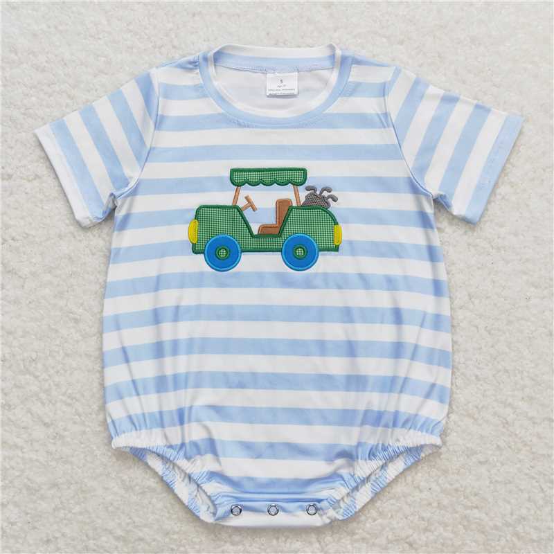 SR0795 Embroidered golf cart blue and white striped short-sleeved jumpsuit