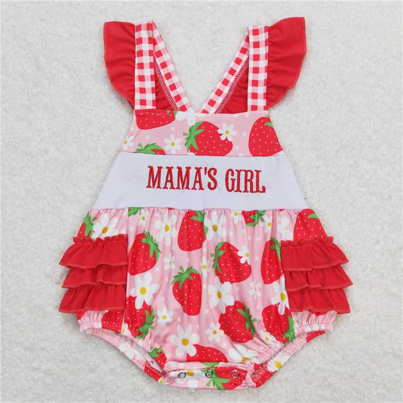 SR1269 mama's girl embroidered letter flower strawberry flying sleeve vest jumpsuit