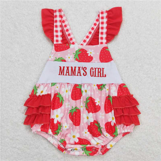 SR1269 mama's girl embroidered letter flower strawberry flying sleeve vest jumpsuit