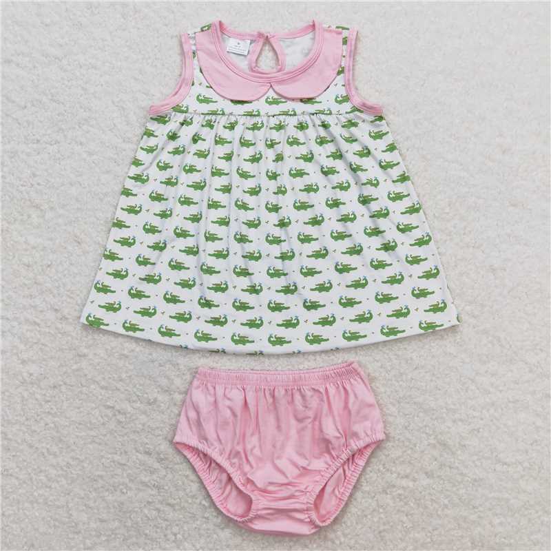 BO0277 Crocodile doll collar white sleeveless pink briefs set