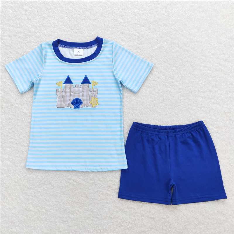 BSSO0747 Embroidered shell star castle striped short-sleeved blue shorts suit