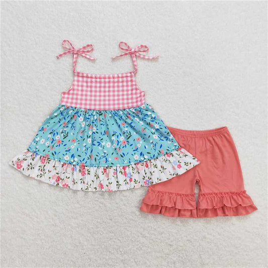 GSSO0837 Floral plaid suspenders brick red lace shorts suit