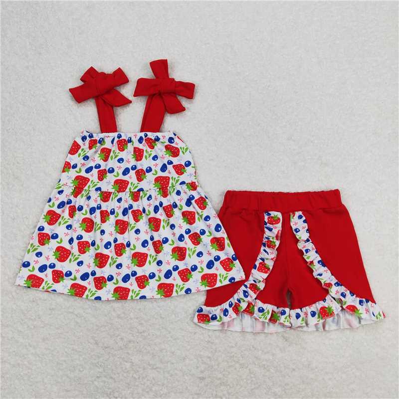 GSSO0712 Strawberry blueberry suspender red shorts suit