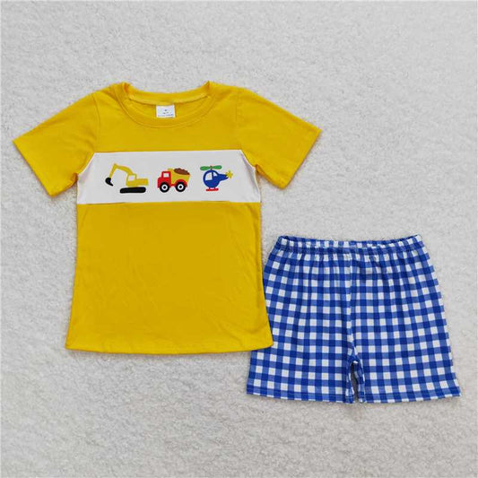 BSSO0574 Engineering vehicle helicopter yellow short-sleeved blue and white plaid shorts suit