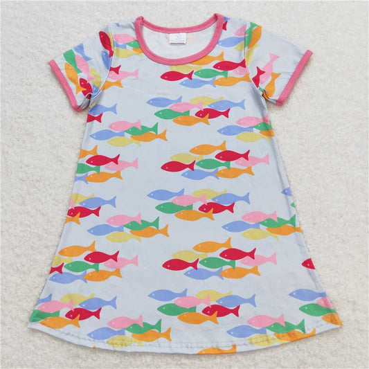 GSD0813 Colorful fish pink blue short-sleeved dress