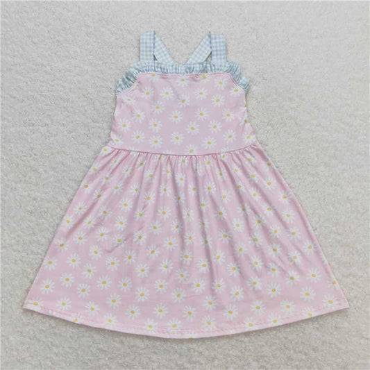 GSD0910 Daisy flower plaid lace pink sleeveless dress