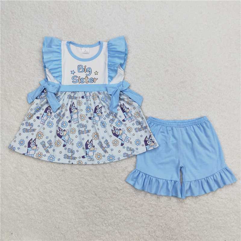 GSSO0577 bluey big sister letter flower blue lace bow flying sleeve shorts suit