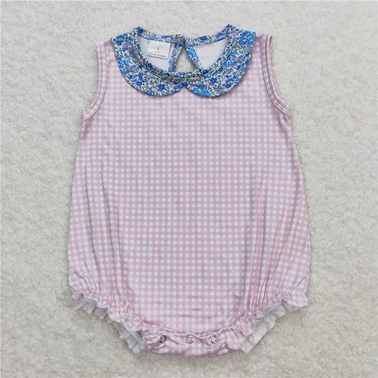 SR1087 Floral floral doll collar pink and white plaid vest jumpsuit