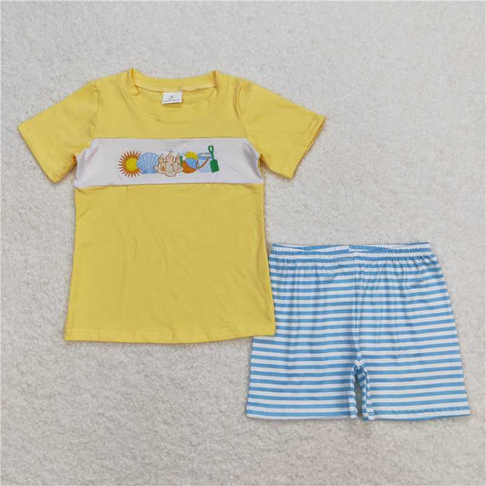 BSSO0397 Embroidery Shell Castle Beach Ball Yellow Short Sleeve Blue and White Striped Shorts Set